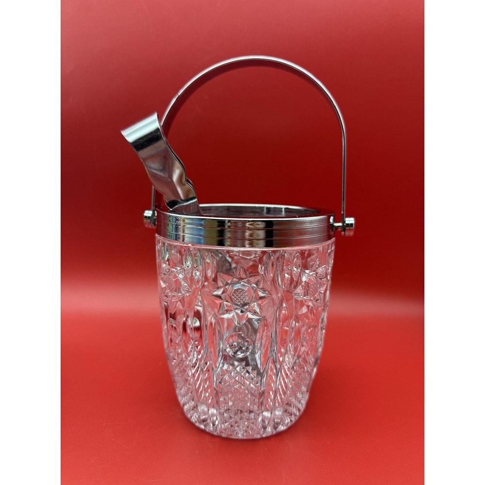 Vintage Mid Century Barware Crystal Bohemian Cut Ice Bucket w Tongs &Drain Grate